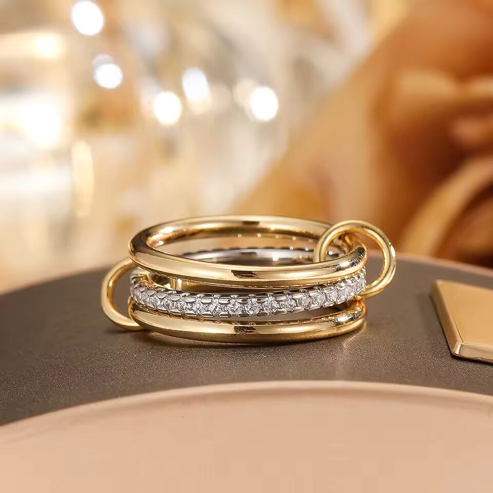 A Niche Two-Color Four-Ring Copper Jewelry Ring, Hypoallergenic, Ins Style, Stacking Artifact, Suitable For Young Women