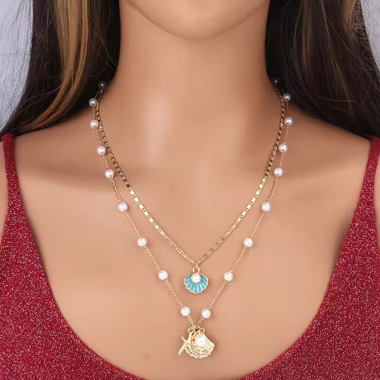 2 Pcs Gold Plated Starfish Shell Pendant Necklace Summer Imitation Pearl Necklaces For Women Girls Ocean Beach Jewelry