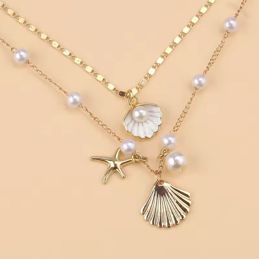 2 Pcs Gold Plated Starfish Shell Pendant Necklace Summer Imitation Pearl Necklaces For Women Girls Ocean Beach Jewelry